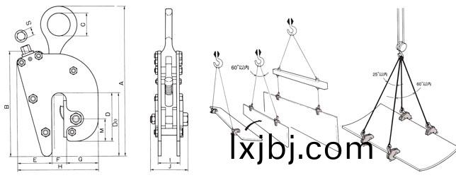 FL-V型(xing)鋼闆鉗尺(chi)寸圖(tu)與(yu)使(shi)用(yong)圖(tu)